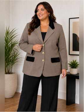 Vintage 90s Image Taupe & Black Blazer Size 24 Classic Quiet Luxury Minimalist
